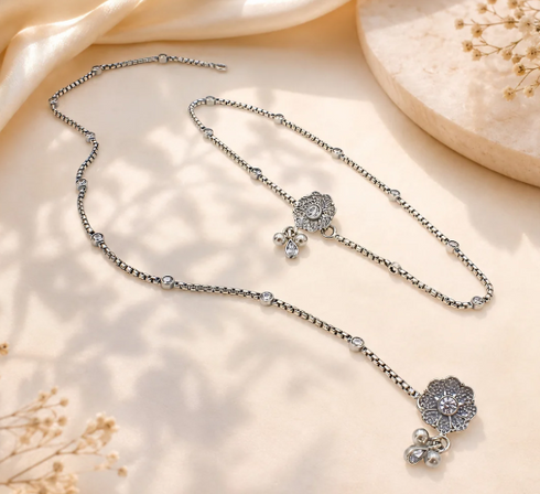 Boho Looks 925 Sterling Silver White CZ Oxidised Anklet pair