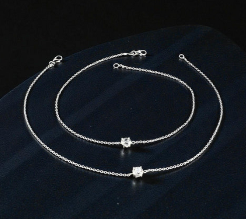 Gorgeous 925 Sterling Silver girlish White CZ Chain Anklet Pair