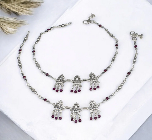 Divine 925 Sterling Silver Pink White CZ Oxidized women peacock Anklet Pair