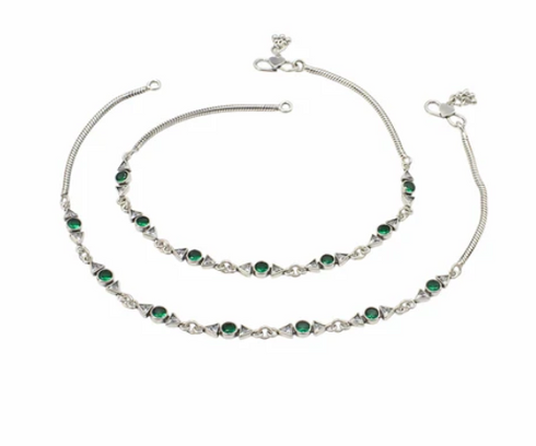 Boho Look 925 Sterling Silver Green White CZ Oxidised Snake line Anklet