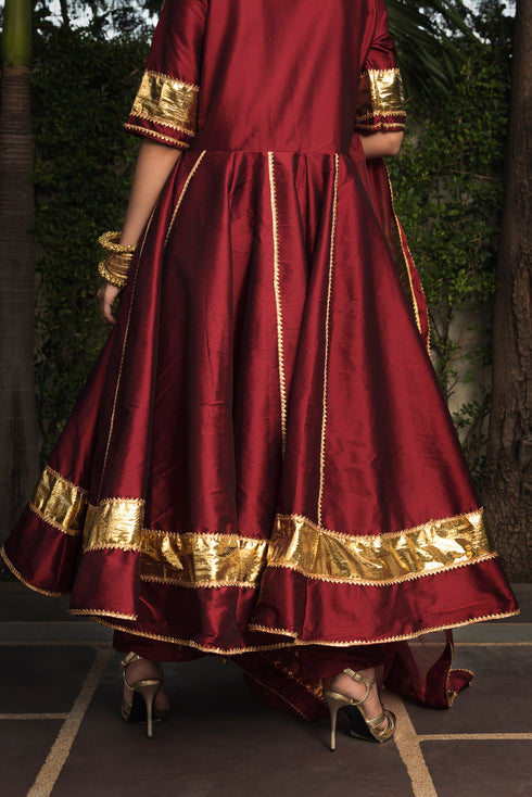 Pomcha Jaipur Taffeta Silk Maroon Anarkali With Organza Dupatta Set