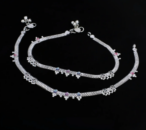 Real Silver Blue Pink CZ Women Anklet - Meenakari Silver Payal