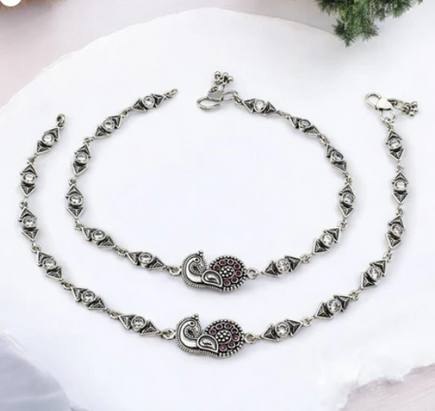 925 Sterling Silver Pink White CZ Oxidised Peacock pajeb Anklet Pair