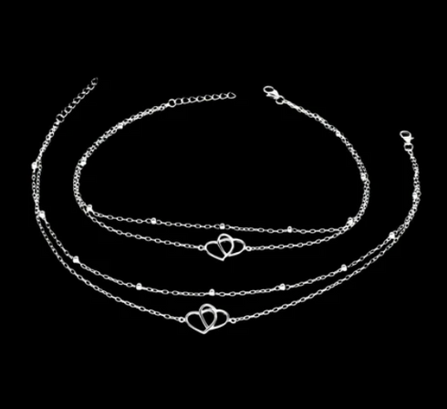 Girlish 925 Sterling Silver two Layered Love Heart beach Foot Anklet Pair