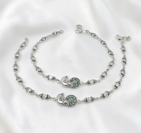 925 Sterling Silver Green White CZ Oxidised Peacock design Jhanjhar Anklet Pair