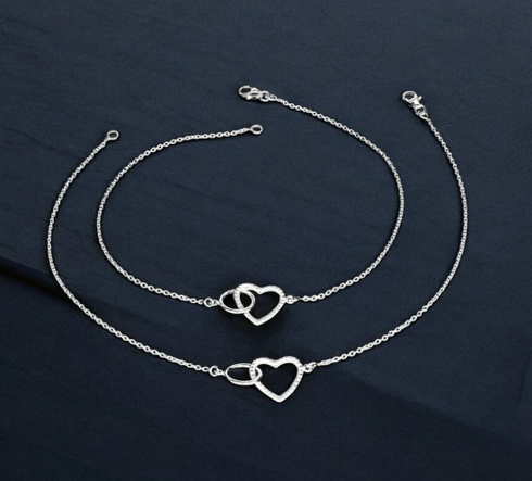 925 Sterling Silver girlish gorgeous Mini Heart Bracelet Chain Anklet Pair