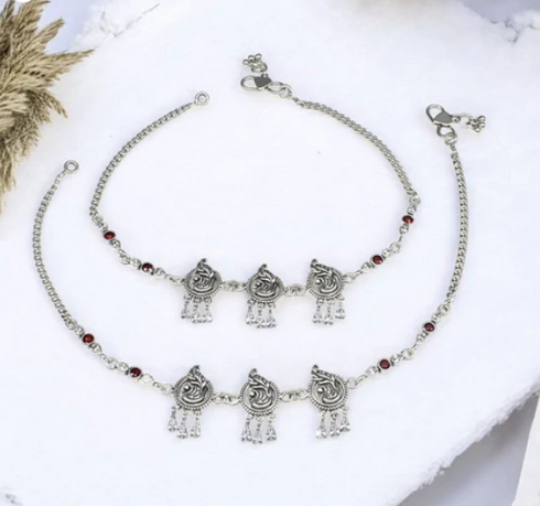 925 Sterling Silver women Orange White CZ Oxidised peacock payal Anklet Pair
