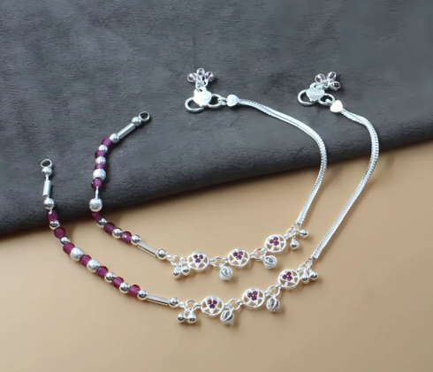 Real Silver Indian women unique trendy pink CZ Anklets Ankle Pair