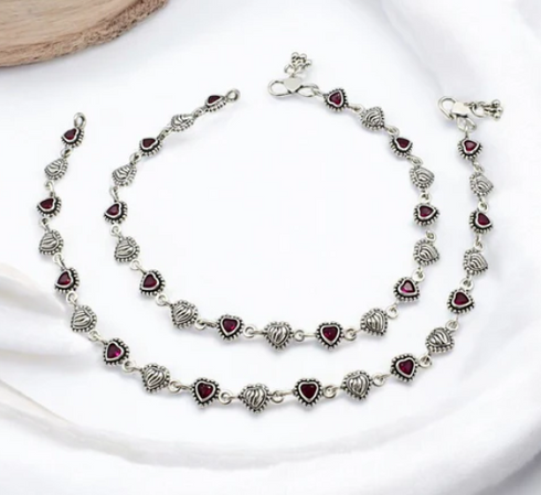 Amazing 925 Sterling Silver Pink CZ Oxidized Heart design payal Anklet Pair