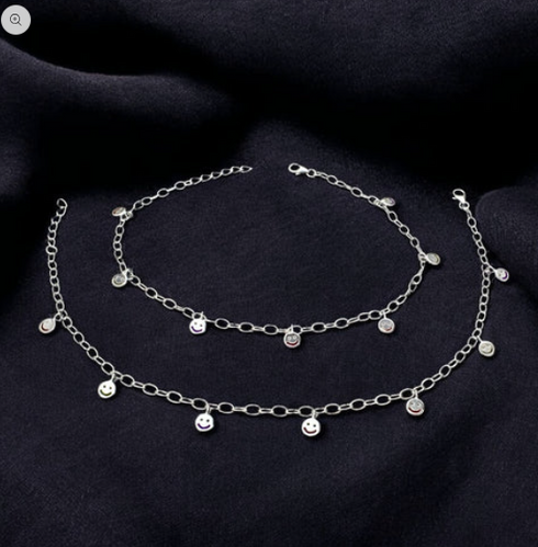 Dainty 925 Sterling Silver Smailey Face Charm Chain Payal Anklet Payal