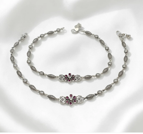 Beach style 925 Sterling Silver Pink White CZ Oxidised Payal Anklet Pair