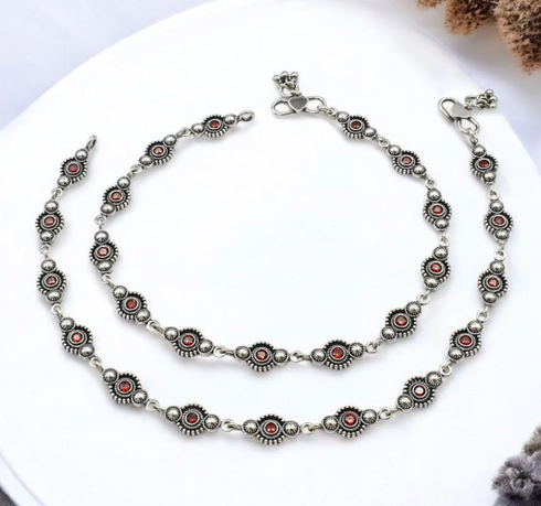 Beach wear 925 Sterling Silver Orange CZ Oxidised payal Anklet Pair