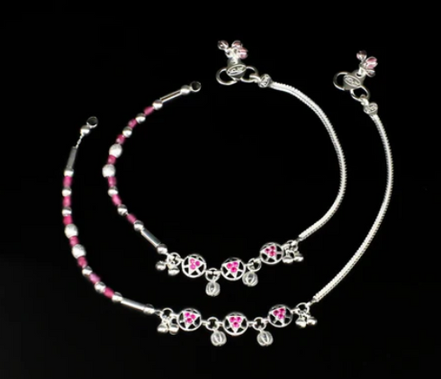 Real Silver Indian women unique trendy pink CZ Anklets Ankle Pair