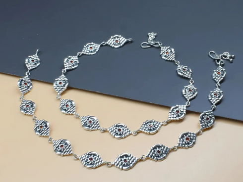 925 Sterling Silver Women Orange White CZ Oxidised beach wear Anklets Pair