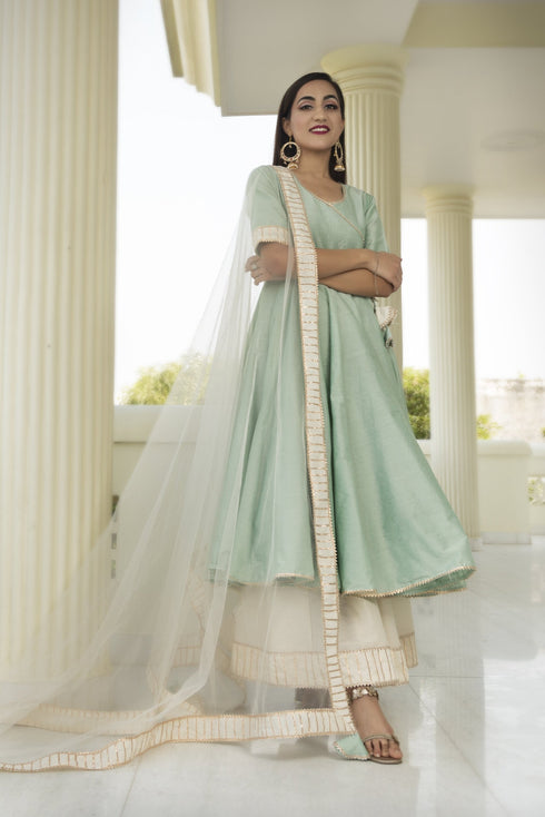 Pomcha Jaipur Cotton Silk Mint Angrakha With Plazzo Set And Soft Net Dupatta