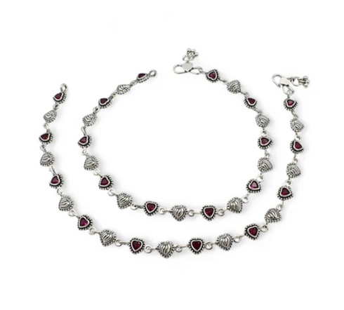 Amazing 925 Sterling Silver Pink CZ Oxidized Heart design payal Anklet Pair