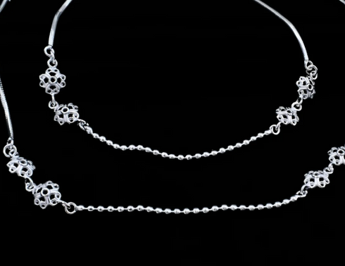 Real Silver Filigree Flower and Ball Chain Payal Anklet for Women