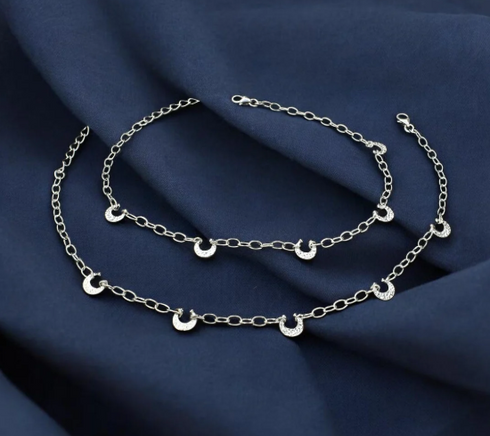 925 Sterling Silver Girlish Moon Charms Chain Jhanjhar Anklet Pair
