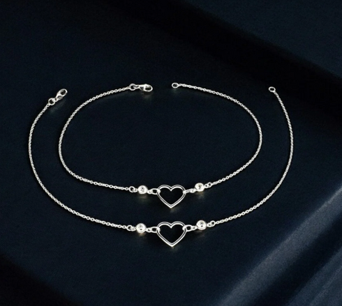Exclusive 925 Sterling Silver girlish White CZ heart Chain Anklet Pair