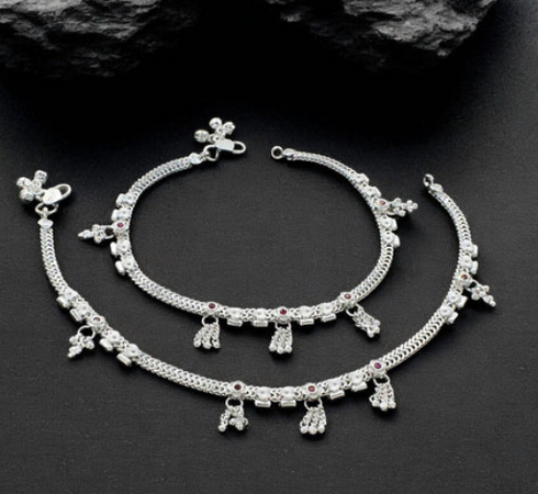 Real Sterling Silver women Pink CZ handmade Anklet Ankle Pair