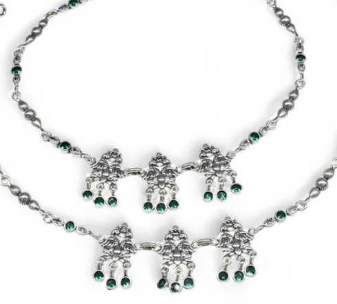 Peacock design jhanjhar 925 Sterling Silver Green white CZ Oxidised women Anklet Pair