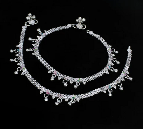 Real Silver Women Anklet Ghungroo Payal With Meenakari Work
