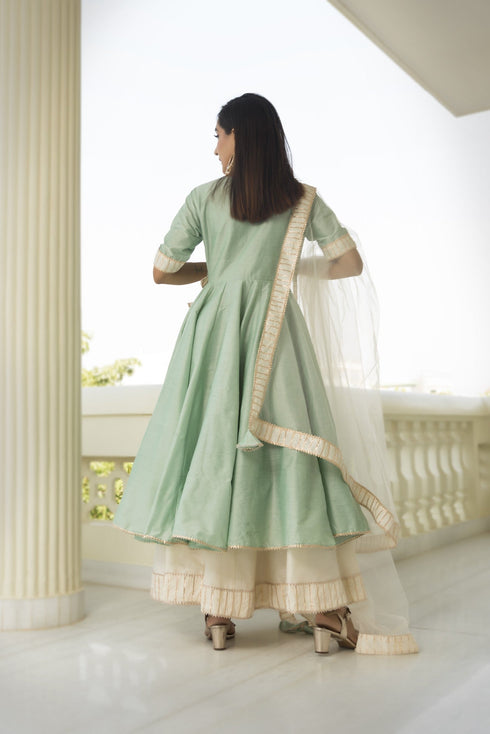 Pomcha Jaipur Cotton Silk Mint Angrakha With Plazzo Set And Soft Net Dupatta