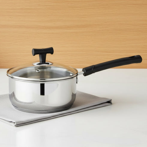 Vinod DONIV Stainless Steel Sandwich Bottom Solitaire Sauce Pan with Glass Lid Induction Friendly Capacity 1.1 Ltr 14cm