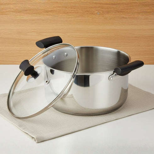 Vinod DONIV Stainless Steel Sandwich Bottom Solitaire Sauce Pot with Glass Lid and Side handle Induction Friendly Capacity 4.3 Liter 22cm