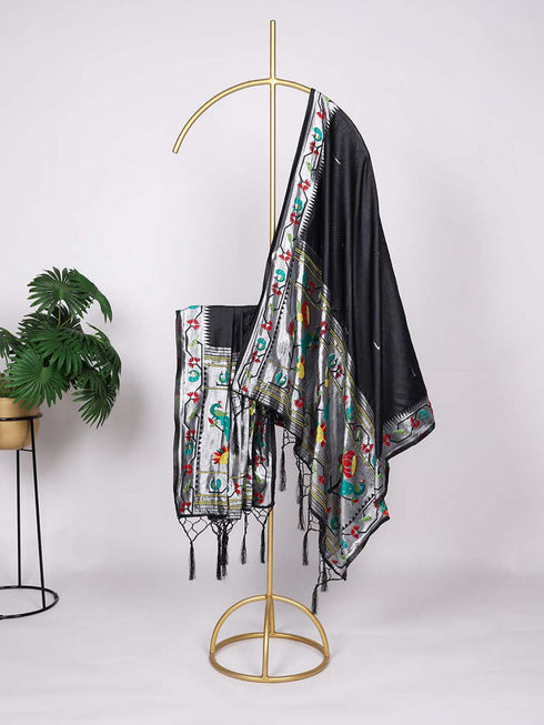 Black Color Weaving Zari Work Jacquard Silk Paithani Dupatta
