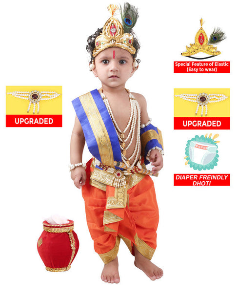 Raj Fancy Baby Krishna Orange and Blue Brocade Fabric Janmashtami Mythological Character Costume