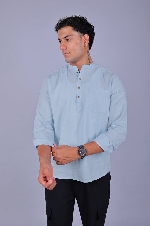 Veshbhoshaa Bluebird Men'S Short Kurta In Sky Blue - 100% Pure Cotton