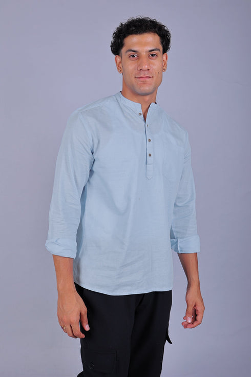 Veshbhoshaa Bluebird Men'S Short Kurta In Sky Blue - 100% Pure Cotton