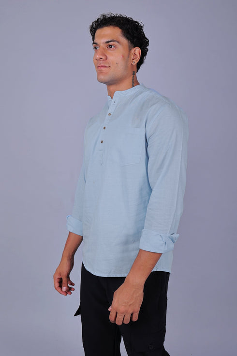 Veshbhoshaa Bluebird Men'S Short Kurta In Sky Blue - 100% Pure Cotton