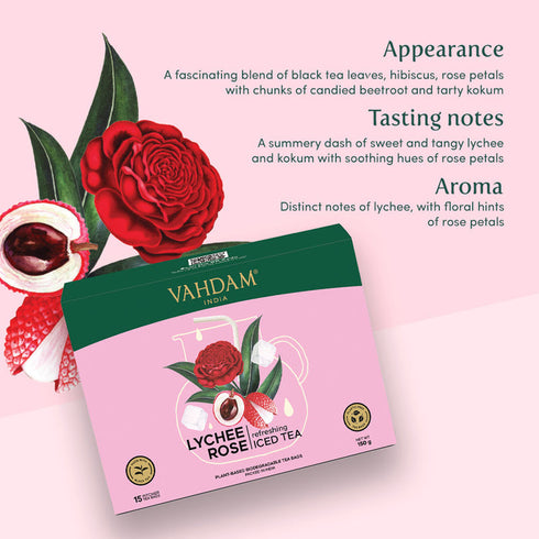 Vahdam Tea Lychee Rose Iced Tea | 15 Pitcher Tea Bags