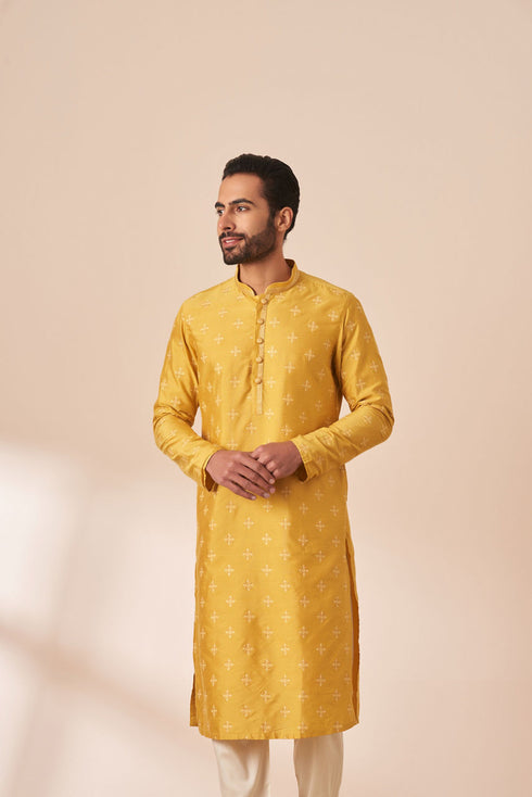 Manyavar Yolk Yellow Self Design Kurta Pajama