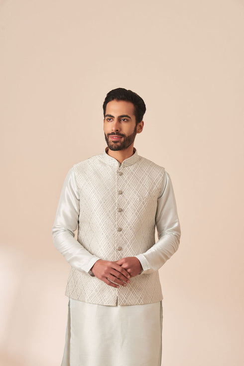 Manyavar Light Grey Patterned Kurta Jacket Set