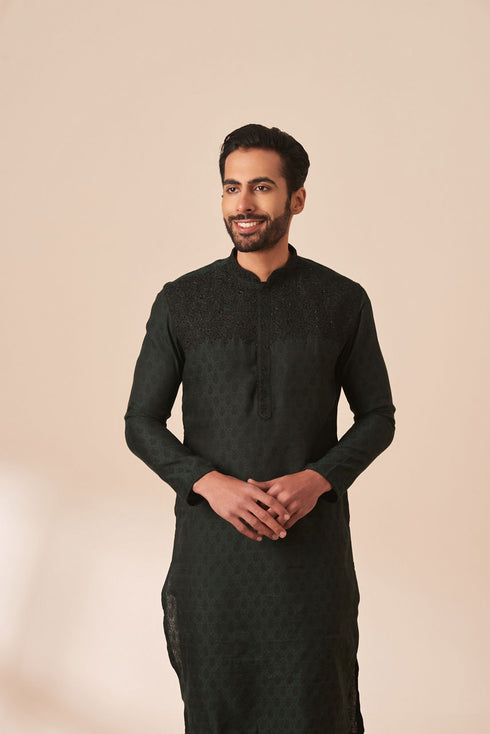Manyavar Dark Green Jacquard Kurta Pajama