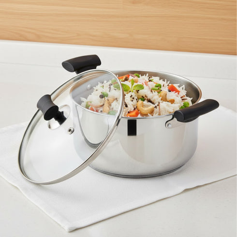 Vinod DONIV Stainless Steel Sandwich Bottom Solitaire Sauce Pot with Glass Lid and Side handle Induction Friendly Capacity 4.3 Liter 22cm