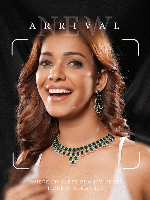 Silver Toned Emerald Green Zircon AD Studded Layered Drop Designer Statement Necklace Jewellery Set