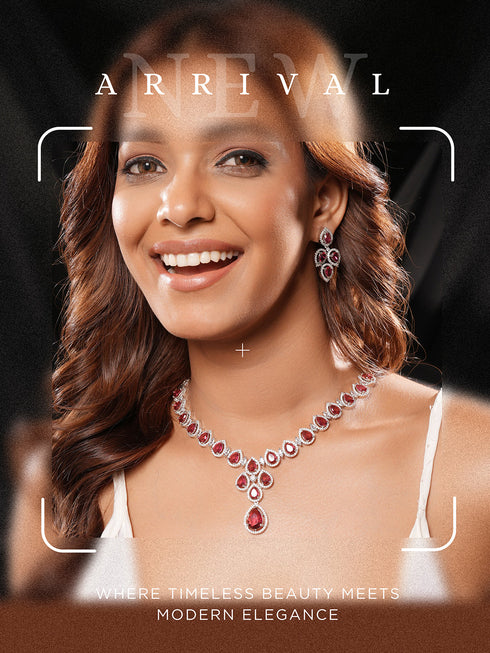 Silver Toned Ruby Red AD Studded Statement Delicate Necklace Jewellery Set