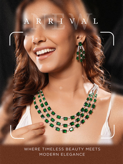 Silver Plated Emerald Green AD Studded Layered Statement Necklace Jewellery Set