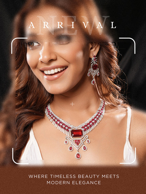 Silver Plated Ruby Red AD Studded Statement Royal Necklace Jewellery Set