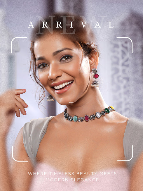 Oxidised Silver Toned Navratan Multicolored Elephant Motif Statement Choker Jewellery Set