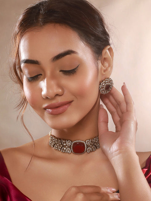 Gold Toned Ruby Red Mossanite Kundan Statement Choker Jewellery Set