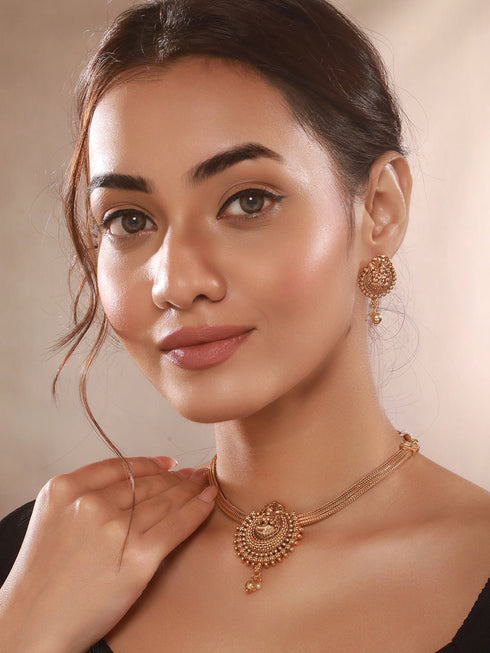Gold Polish Flexible Brass Chain Minimal Temple Lakshmiji Jewellery Set