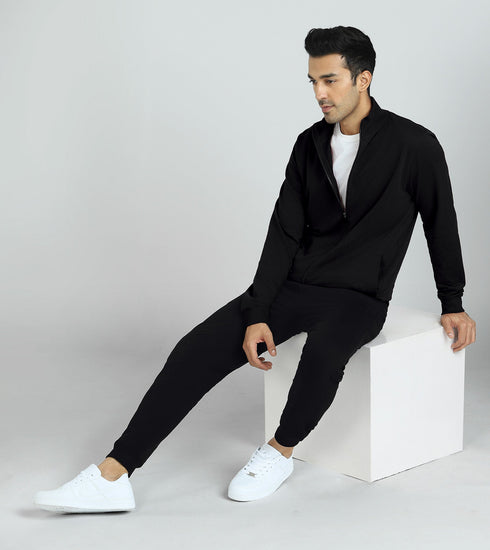 XYXX Cruze French Terry Cotton Zip-Up Jacket and Joggers Co-Ord Set Pitch Black