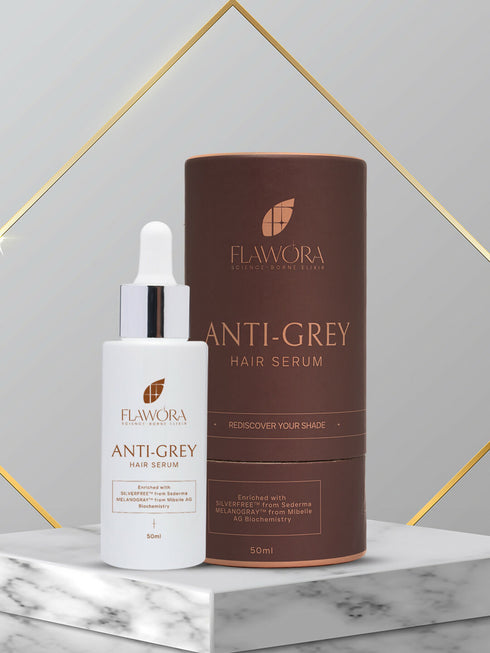 Flawora Anti-Grey Hair Serum For Reversing Grey Hair & Gold Face Serum For Brightening
