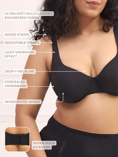 UNDERNEAT Minimizer Bra for Heavy Bust - Wired Non-Padded Full Coverage Bra - Black