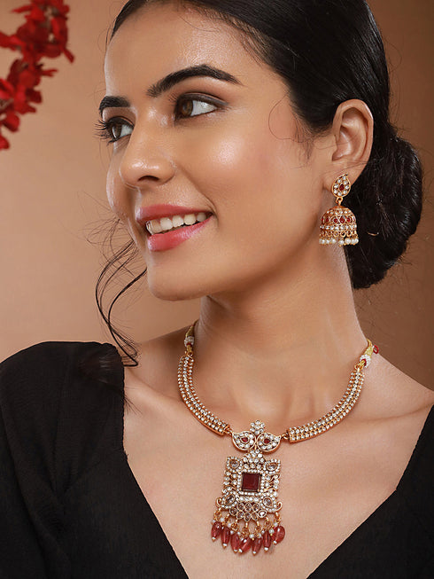 Gold Plated Red Zircon & Pearl Beaded Floral Pipe Pendant Jewellery Set With Jhumka